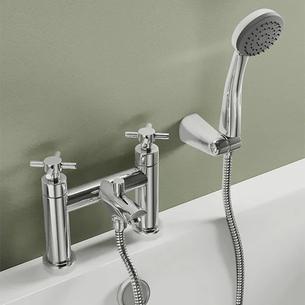 Deva Motif Chrome Bridge Bath Mixer Tap with Handset & Hose, Crosshead Handles