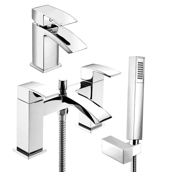 Deva Swoop Chrome Mounted Bath Shower Mixer & Basin Taps Pack Set