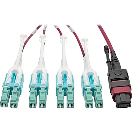 Eaton Tripp Lite Series 40G MTP/MPO to 4xLC Fan-Out OM4 Plenum-Rated Fiber Optic Cable, 40GBASE-SR4, Push/Pull Tabs, Magenta, 2 m – Fiber Optic