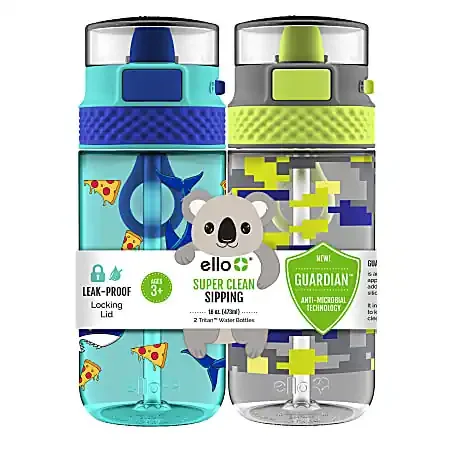 Ello Stratus Kids Tritan Water Bottles, 16 Oz, Camo/Sharks, Set Of 2 Bottles