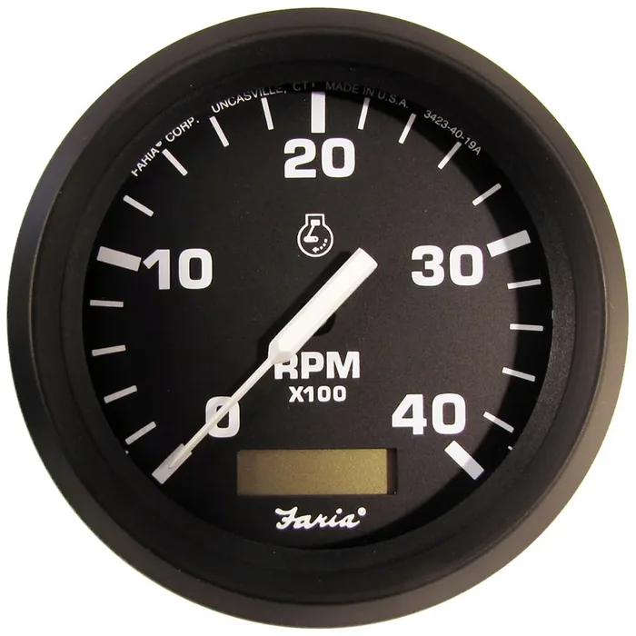 Faria Euro Black 4″ Tachometer w/Hourmeter (4000 RPM) (Diesel)(Mech. Takeoff & Var. Ratio Alt.)