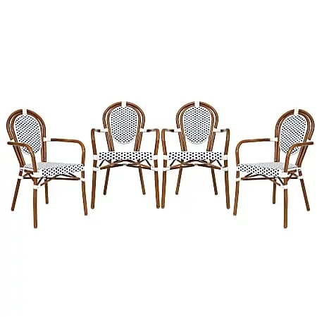 Flash Furniture 4 Pack Lourdes Indoor/Outdoor Commercial Thonet Bistro Stacking Chair with Arms, White & Navy/Natural Frame -4SDA6422AWNVN