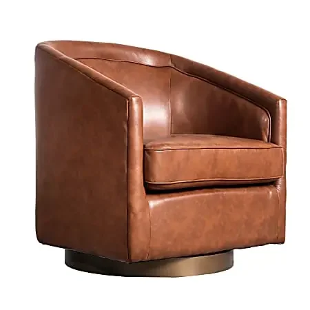 Flash Furniture Dean Club Style Commercial LeatherSoft Barrel Accent Armchair with 360 Degree Swivel Metal Base and Sloped Armrests, Brown LeatherSoft