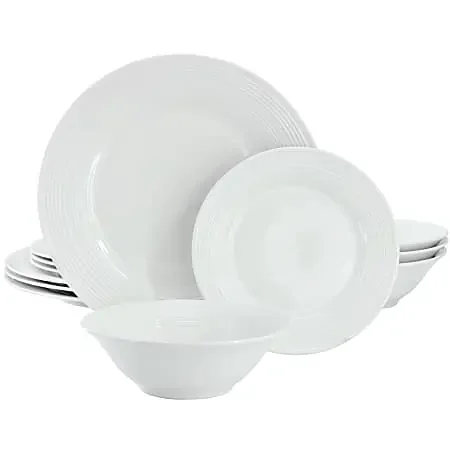 Gibson Home Everyday Embossed 12-Piece Round Ceramic Dinnerware Set, White