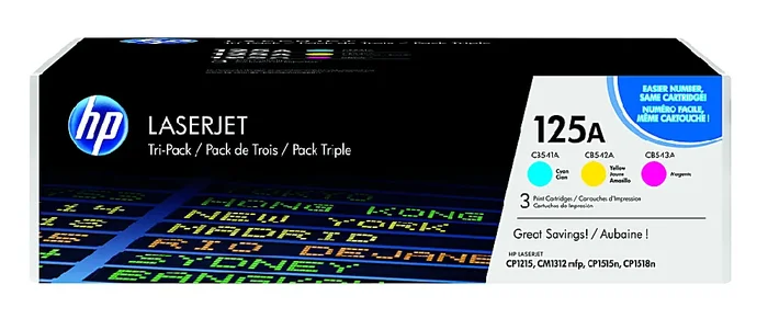 HP 125A Cyan, Magenta, Yellow Toner Cartridges, Pack Of 3, CE259A