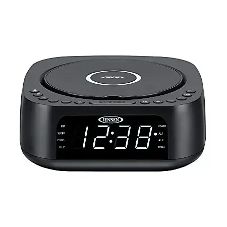 JENSEN Stereo Digital Dual-Alarm Clock With Top-Loading CD Player, FM Tuner, USB Charging Port And Battery Backup, 2.38″H x 7.32″W x 7.32″D, Black
