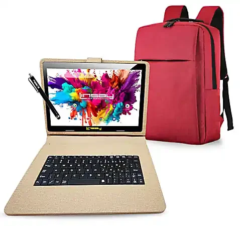 Linsay Octa Core Tablet, 10.1”, 4GB Memory, 128GB Storage, Android 13, With Sand Designer Cloth Keyboard Case, Compact Backpack And Pen Stylus