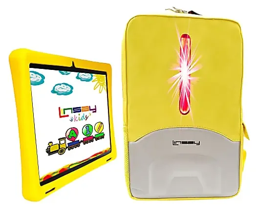 Linsay Octa Core Tablet, 10.1”, 4GB Memory, 128GB Storage, Android 13, With Yellow Kids Defender Case And Yellow LED Backpack
