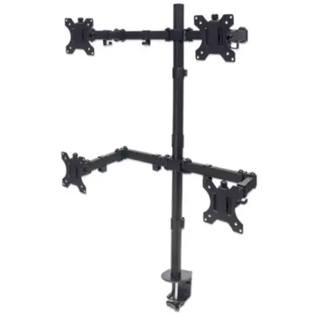 Manhattan TV & Monitor Mount, Desk, Double-Link Arms, 4 screens, Screen Sizes 10-27″ , Black, Stand or Clamp Assembly, Quad Screens, VESA 75×75 to 100x100mm, Max 8kg (each), Lifetime Warranty