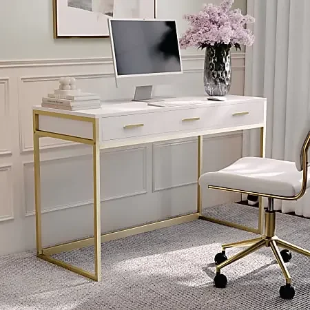 Martha Stewart Ollie 47-1/4″W Home Office Computer Desk With 3 Drawers, White/Polished Brass