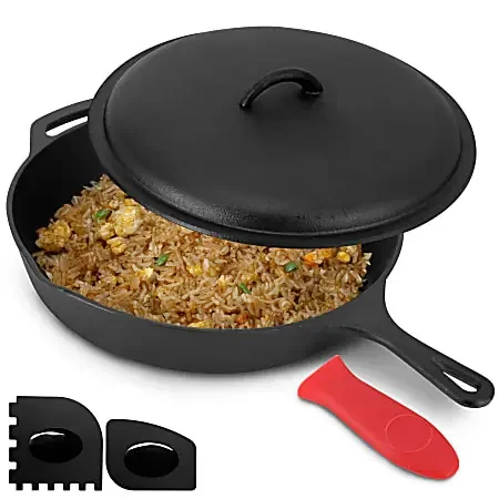 MegaChef Pre-Seasoned Cast Iron Skillet With Cast Iron Lid, 12″, Black