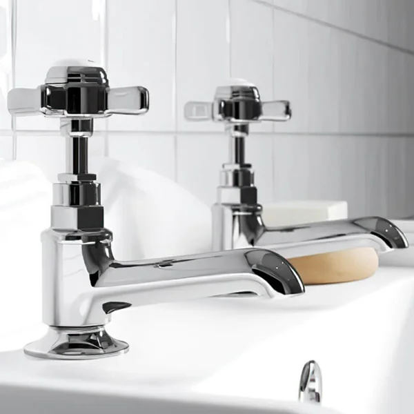 Nuie Beaumont Traditional Pair of Chrome Basin Pillar Taps, Crosshead