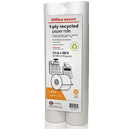 Office Depot® Brand 1-Ply Paper Rolls, 2-1/4″ x 100‘, 70% Recycled, White, Pack Of 12