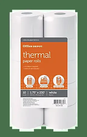 Office Depot® Brand Thermal Paper Rolls, 1-3/4″ x 230‘, White, Pack Of 10
