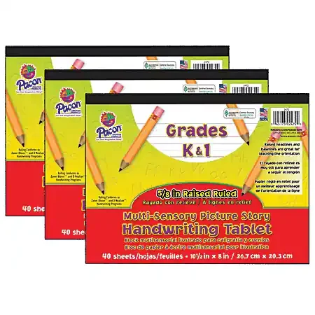 Pacon® Multi-Sensory Raised Ruled Tablets, 10-1/2″ x 8″, 5/8″ x 5/16″ x 5/16″ Picture Story Ruled Long, 40 Sheets, White, Pack Of 3 Tablets