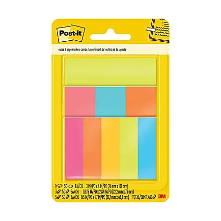 Post-it® Combo Pack, 3 in. x 4 in. 1 Pad 50 sheets Notes, 1 in. x 3 in. 3 Pads 50 sheets and 0.5 in. x 2 in. 5 Pads 50 sheets. Pagemarkers