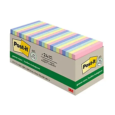 Post-it® Greener Notes, 3 in x 3 in, 24 Pads, 75 Sheets/Pad, Clean Removal, Back to School Supplies for Students,Sweet Sprinkles Collection