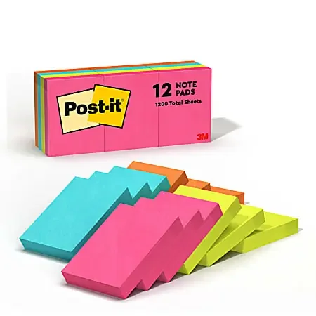 Post-it® Notes, 1 3/8 in. x 1 7/8 in., 12 Pads, 100 Sheets/Pad, Clean Removal, Back to School Supplies for Students, Poptimistic Collection
