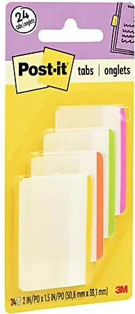 Post-it® Notes Durable Filing Tabs, 2″, Assorted Colors, 6 Flags Per Pad, Pack Of 4 Pads