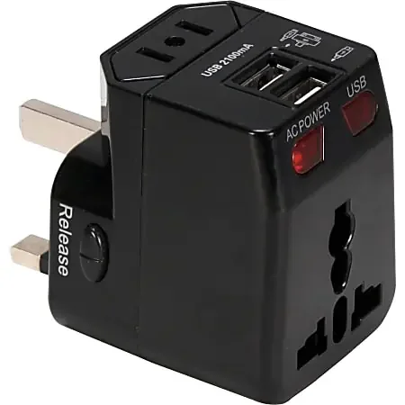 QVS Premium World Travel Power Adaptor with Surge Protection & 2.1A Dual-USB Charger – 120 V AC, 230 V AC Input – 5 V DC Output – 2.10 A – Black – 1