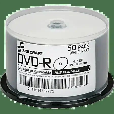 SKILCRAFT® Inkjet Printable DVD-R Recordable Media With Spindle, 4.70 GB/120 Minutes, Pack Of 50 Pack
