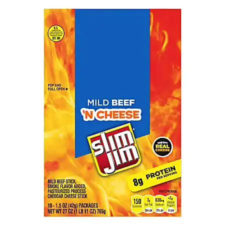 Slim Jim Beef And Cheese Packs, 1.5 Oz, Box Of 18 Packs