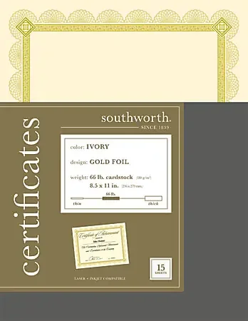 Southworth® Premium Foil Certificates, 8 1/2″ x 11″, 66 Lb, Ivory/Gold Foil Spiro, Pack Of 15