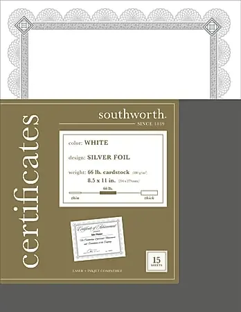 Southworth® Premium-Weight Foil Certificates, 8 1/2″ x 11″, White/Silver Foil Spiro, Pack Of 15