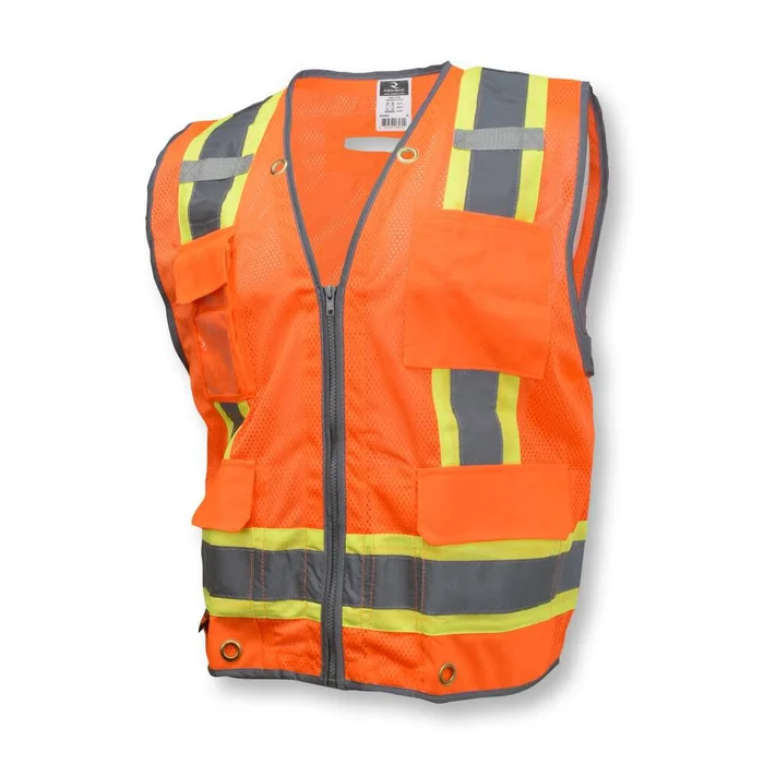 SV6H Type R Class 2 Heavy Duty Two Tone Mesh Surveyor Vest with Solid Pockets, Orange, Medium SV6HO-M
