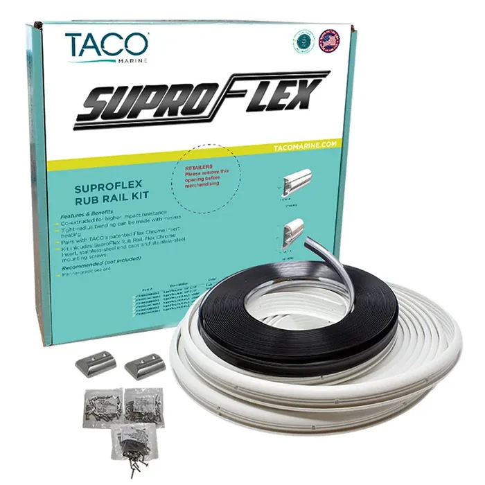 TACO SuproFlex Rub Rail Kit – White w/Flex Chrome Insert – 1.6″H x .78″W x 60‘L