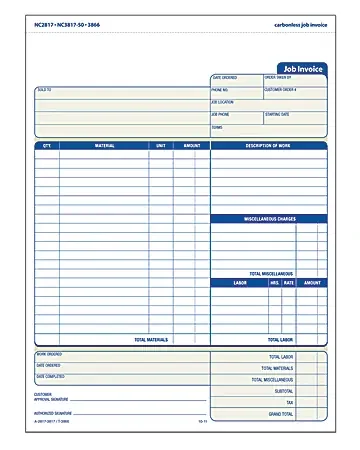 TOPS® 3-Part Job Invoices, 8 1/2″ x 11″, Pack Of 50 Sets