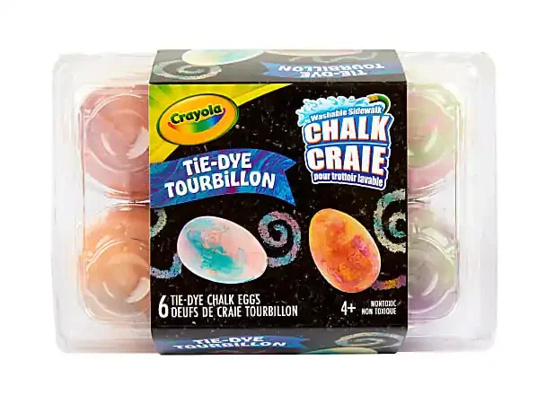 Transform sidewalks with Crayola Tie-Dye Chalk Eggs! Choose from 6 washable color combos and create eye-popping art outdoors.
