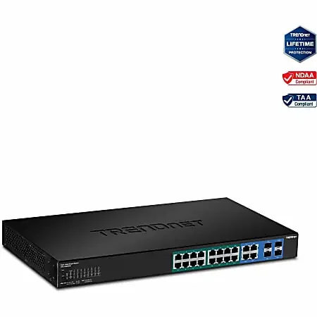 TRENDnet 20-Port Gigabit PoE+ Web Smart PoE+ Switch, 16 x Gigabit PoE+ Ports, Black, TPE-1620WS