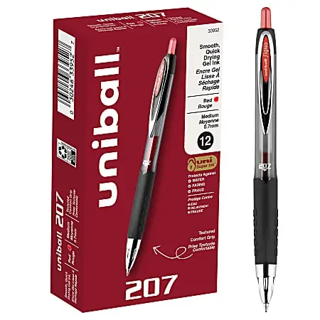 uni-ball® 207™ Retractable Fraud Prevention Gel Pens, Medium Point, 0.7 mm, Black Barrels, Red Ink, Pack Of 12