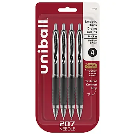 uni-ball® Signo Gel 207™ Retractable Gel Pens, Medium Point, 0.7 mm, Clear Barrels, Black Ink, Pack Of 4