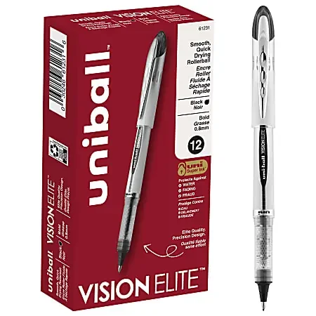 uni-ball® Vision™ Elite™ Liquid Ink Rollerball Pens, Bold Point, 0.8 mm, White Barrel, Black Ink, Pack Of 12