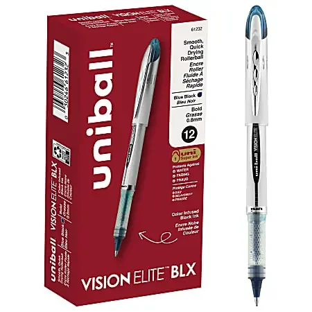 uni-ball® Vision™ Elite™ Liquid Ink Rollerball Pens, Bold Point, 0.8 mm, White Barrel, Blue/Black Ink, Pack Of 12