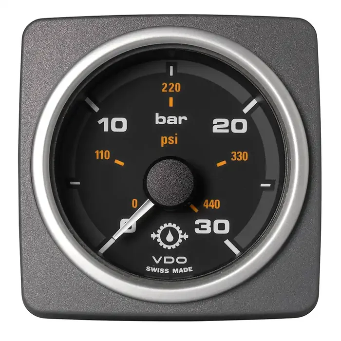 Veratron 52 MM (2-1/16″) AcquaLink Transmission Oil Pressure 30 Bar/440 PSI – Black Dial & Bezel