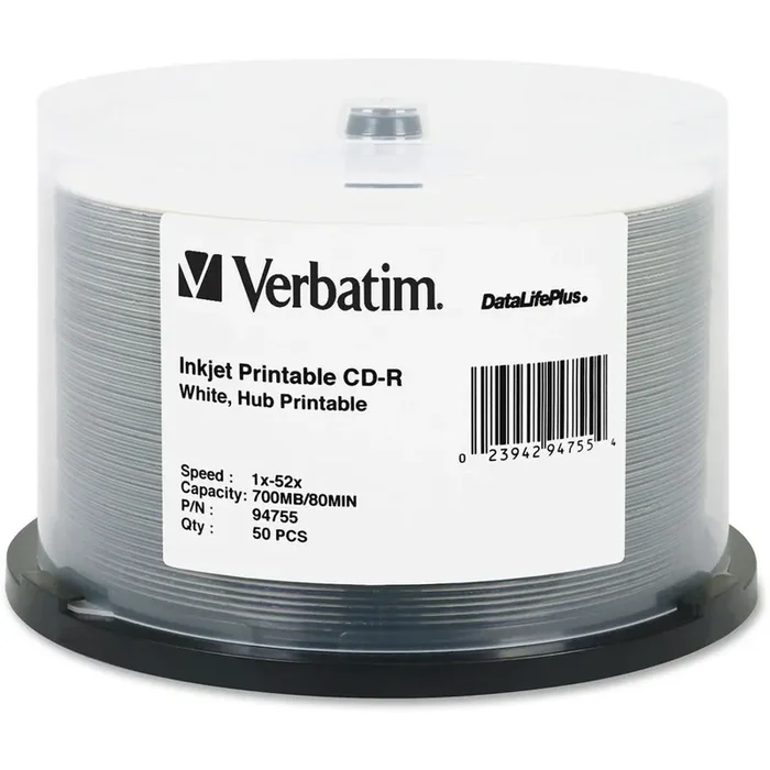 Verbatim Cd-R 700Mb 52X Datalifeplus White Inkjet Printable, Hub Printable – 50Pk Spindle