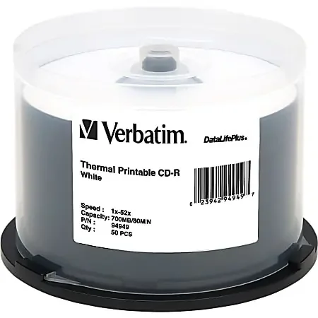 Verbatim CD-R 700MB 52X DataLifePlus White Thermal Printable – 50pk Spindle – Printable – Thermal Printable