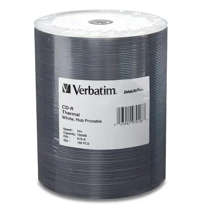 Verbatim Cd-R 700Mb 52X Datalifeplus White Thermal Printable, Hub Printable – 100Pk Tape Wrap