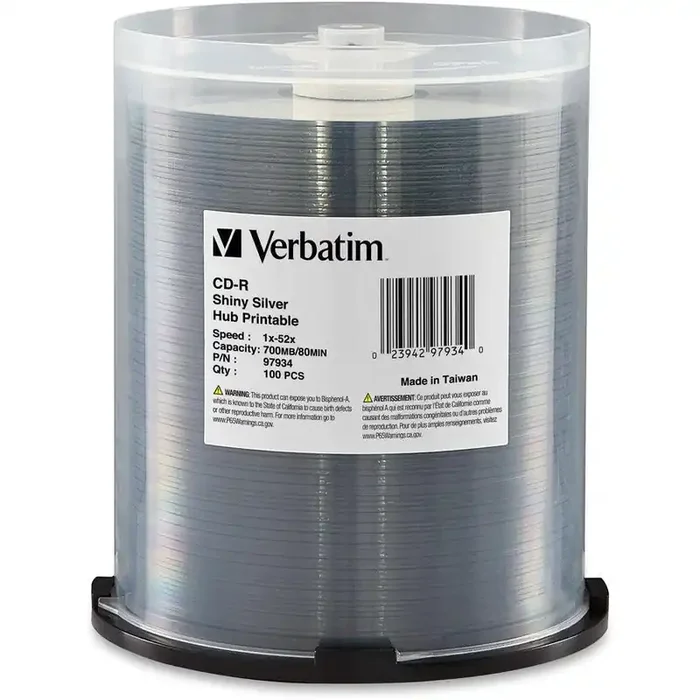Verbatim Cd-R 700Mb 52X Shiny Silver Silk Screen Printable, Hub Printable – 100Pk Spindle