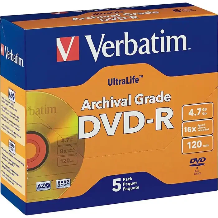 Verbatim DVD-R 4.7GB 16X UltraLife Gold Archival Grade with Branded Surface and Hard Coat – 5pk Jewel Case