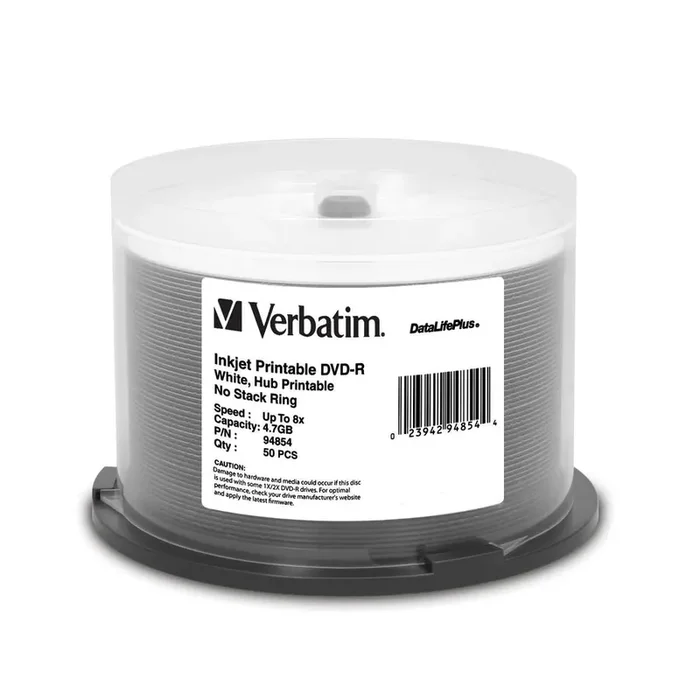 Verbatim Dvd-R 4.7Gb 8X Datalifeplus White Inkjet Printable, Hub Printable – 50Pk Spindle