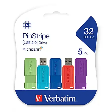 Verbatim® PinStripe USB 2.0 Flash Drives, 32GB, Assorted Colors, 5 Pack