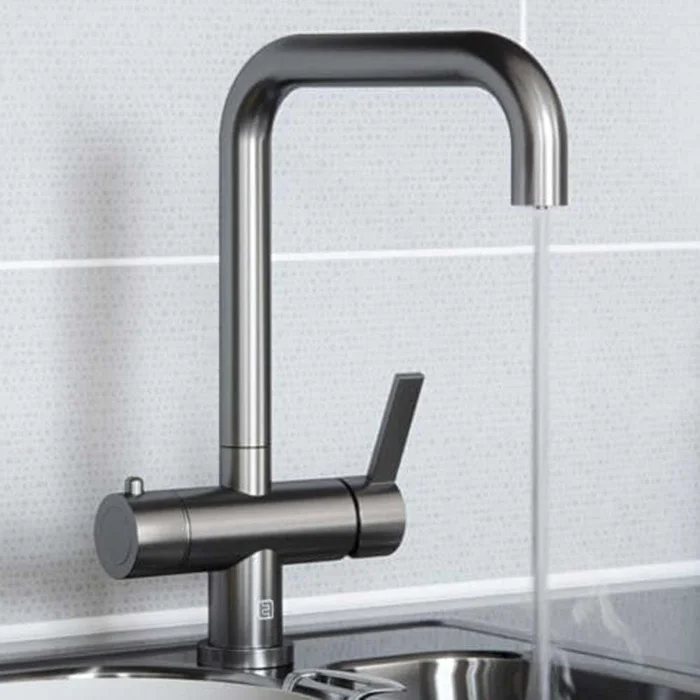 Vibrance Twin Lever Brushed Steel Milo 4 In 1 Instant Hot Water Kitchen Tap