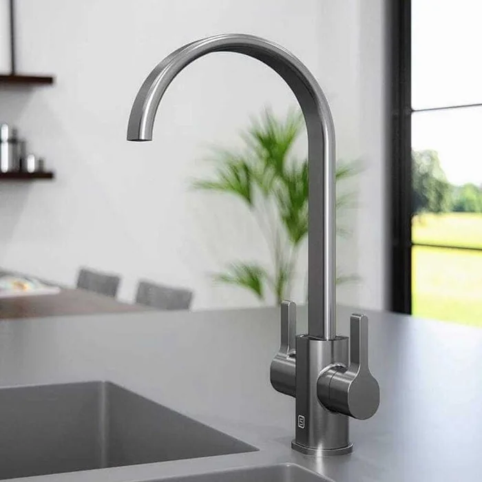 Vibrance Twin Lever Chrome Brushed Steel Hygge Kitchen Sink Mixer Tap
